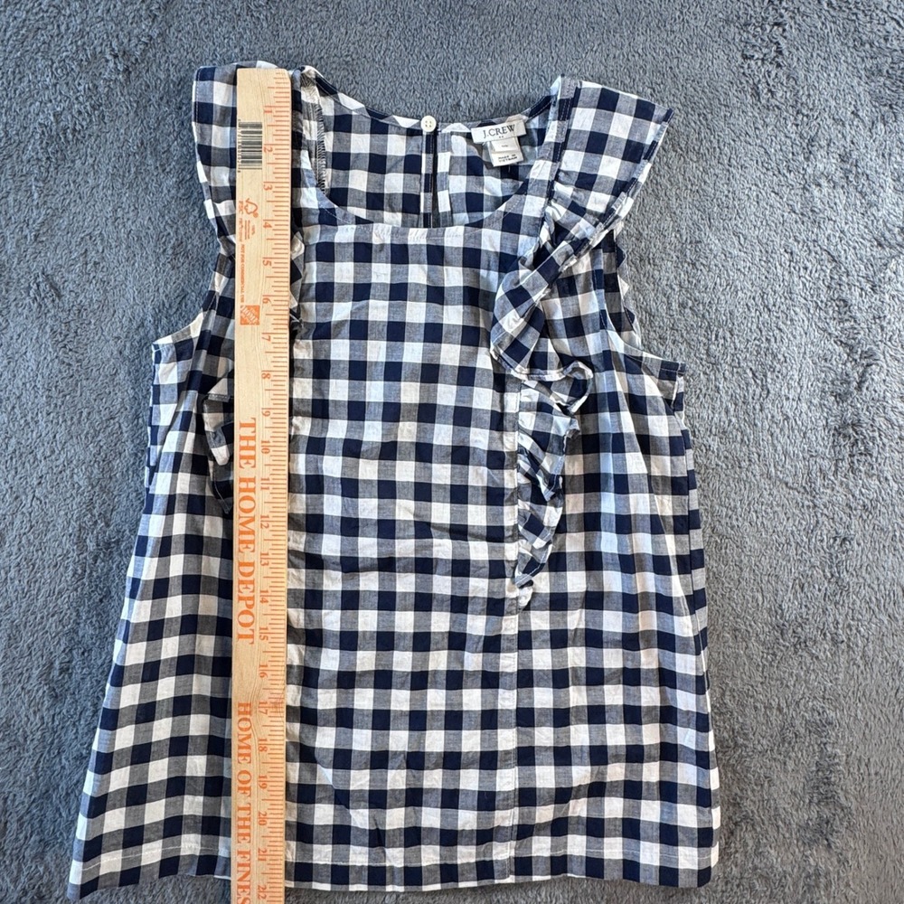 Gingham J. Crew Womens Navy Blue White Ruffle Sleeveless Cotton Top Size 00 - Picture 4 of 6